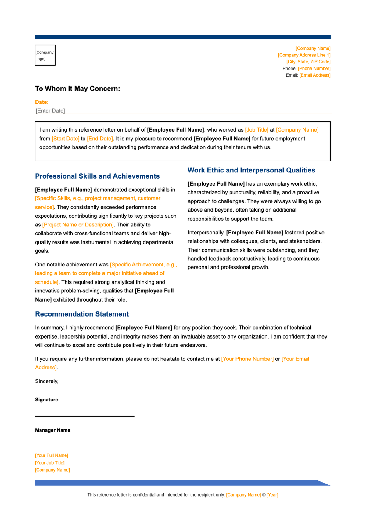 Professional recommendation letter template with branded header and annotated sections_variant_3